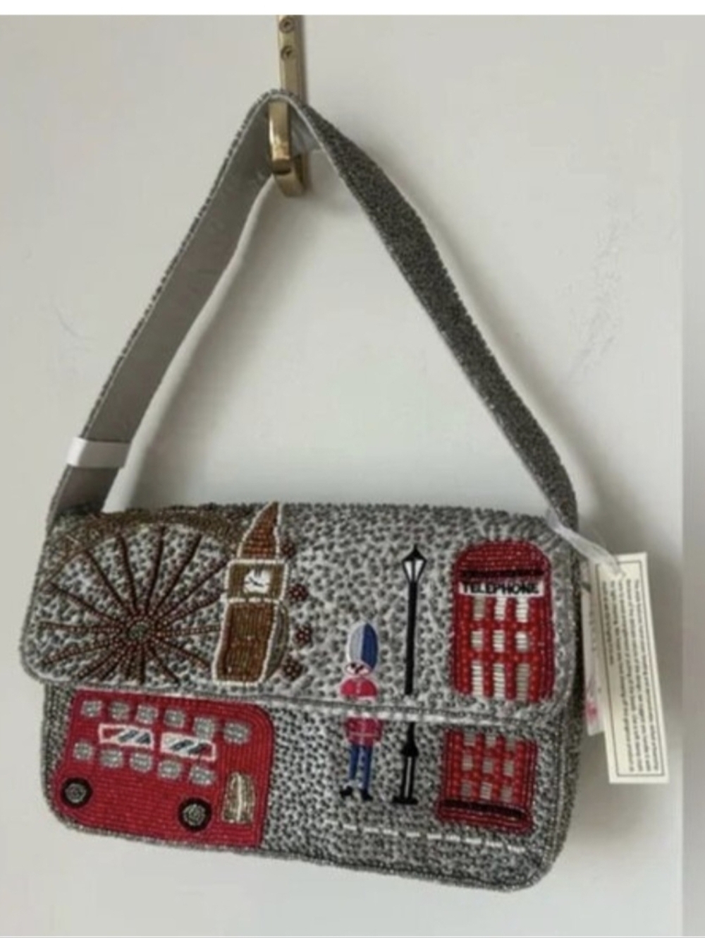 Beaded London Scene Shoulder Bag - Red and Cream